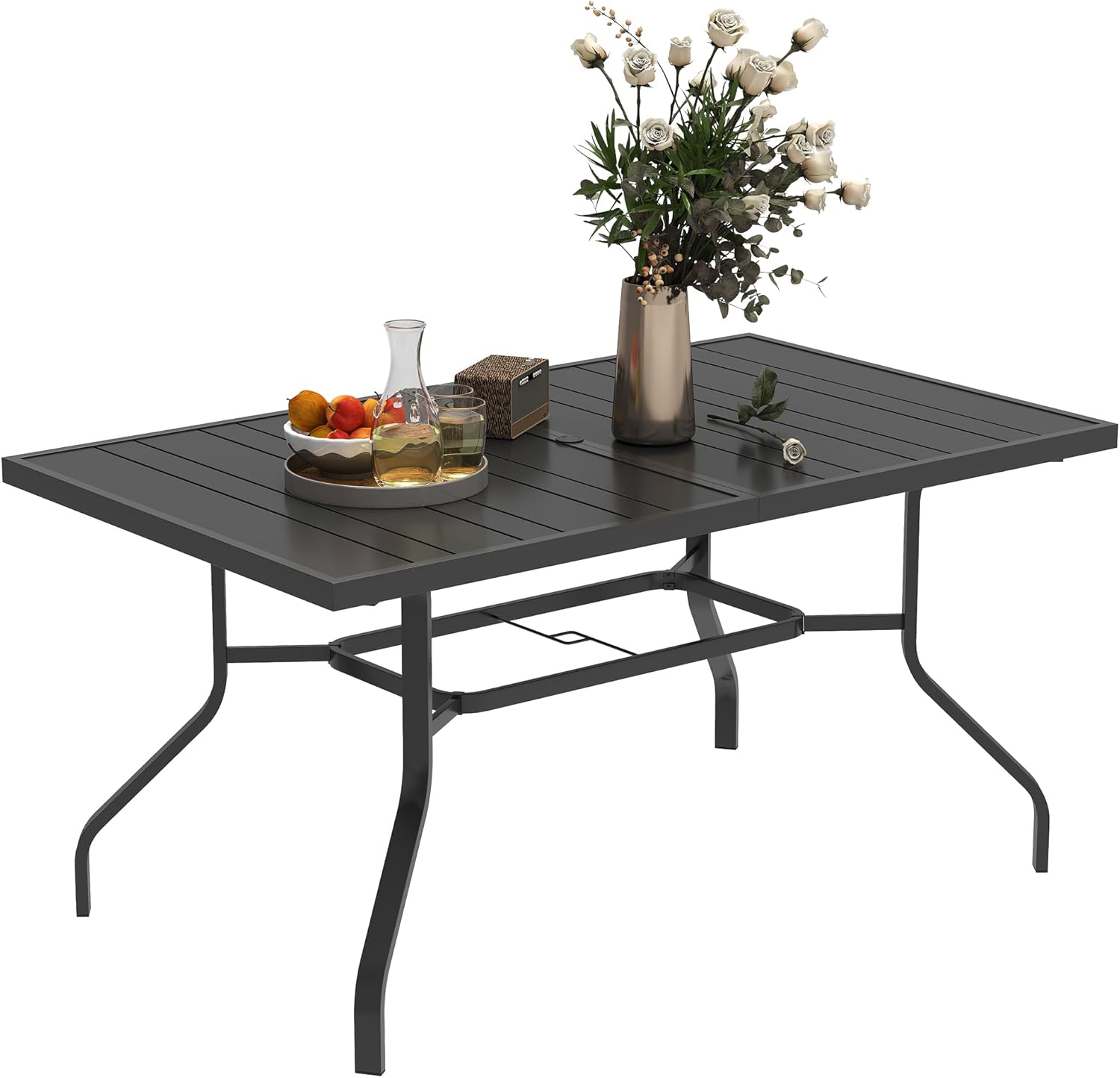 Outsunny Gartentisch 152x90 cm, Wetterfest Balkontisch aus Stahl, Beistelltisch mit Schirmloch, Latten-Design Esstisch Outdoor, Campingtisch, rechteckig Terrassentisch für Garten Balkon Schwarz