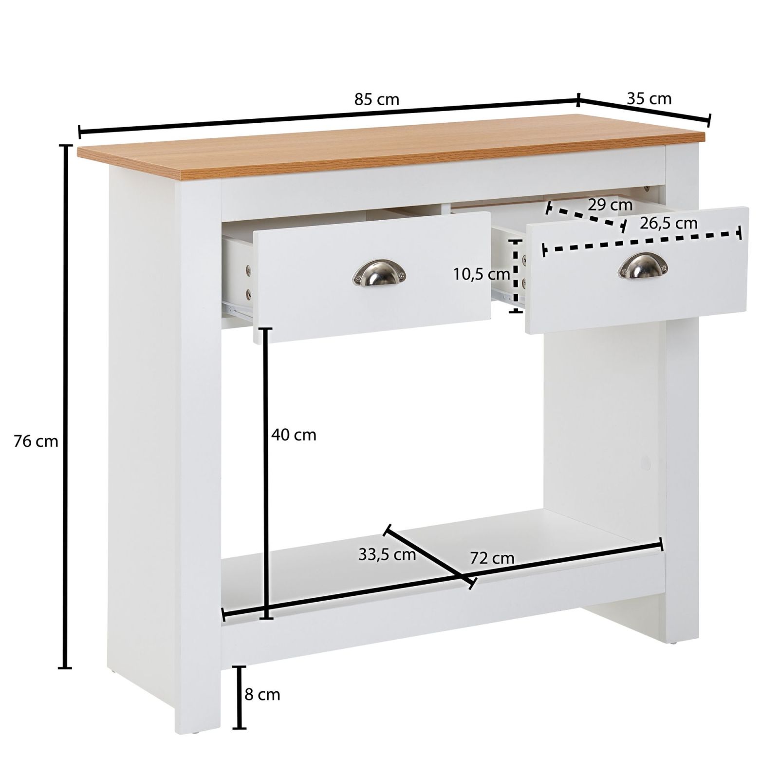 Konsolentisch - weiß - Eiche - 2 Schubladen - 85 cm