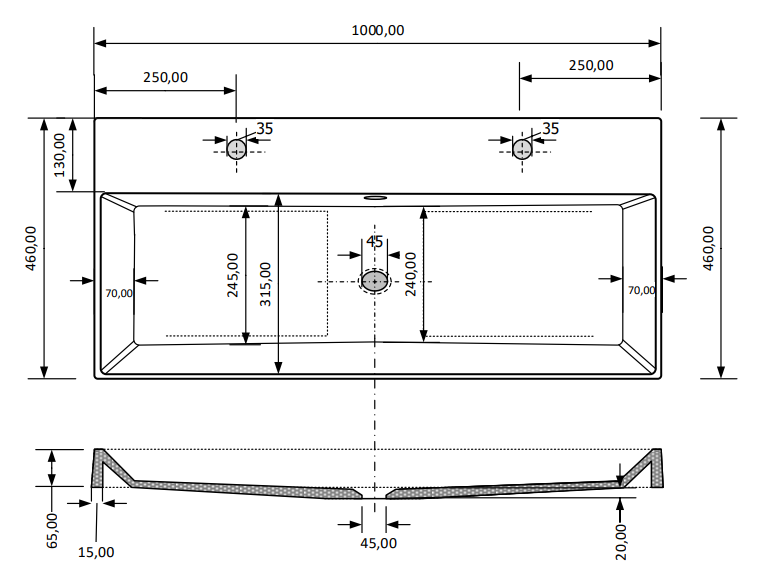SaniGoods Kolo wastafel 100cm 2 kraangaten wit glans