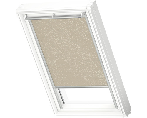 VELUX verduisterend rolgordijn, zandbeige met stippenpatroon, handmatig, wit frame, DKL PK04 4579SWL