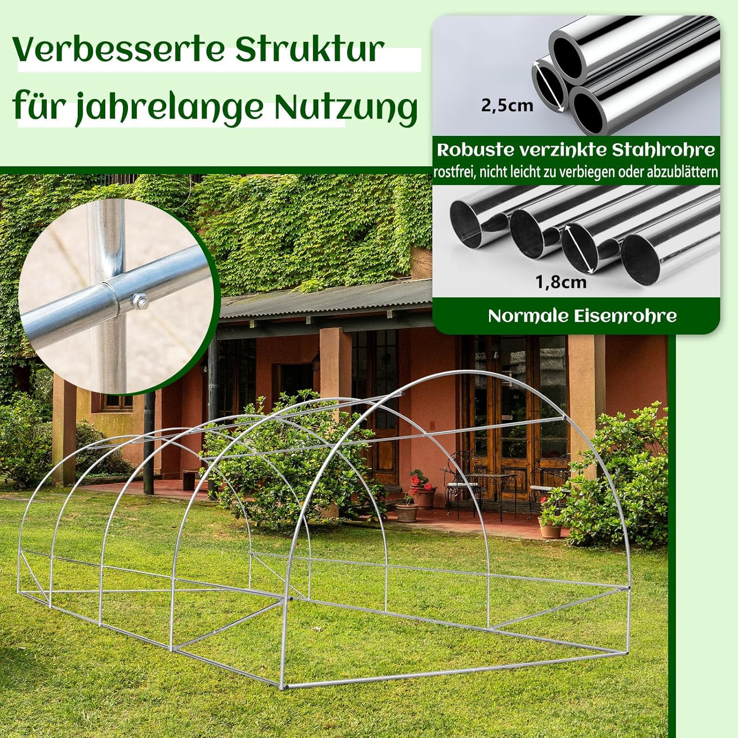 GOPLUS 6x3x2m Gewächshaus mit Metallrahmen, 18m² Gartengewächshäuser mit 8 Fenstern & 2 Türen, Foliengewächshaus für Bauernhof, Hinterhof & Garten (6x3x2m)
