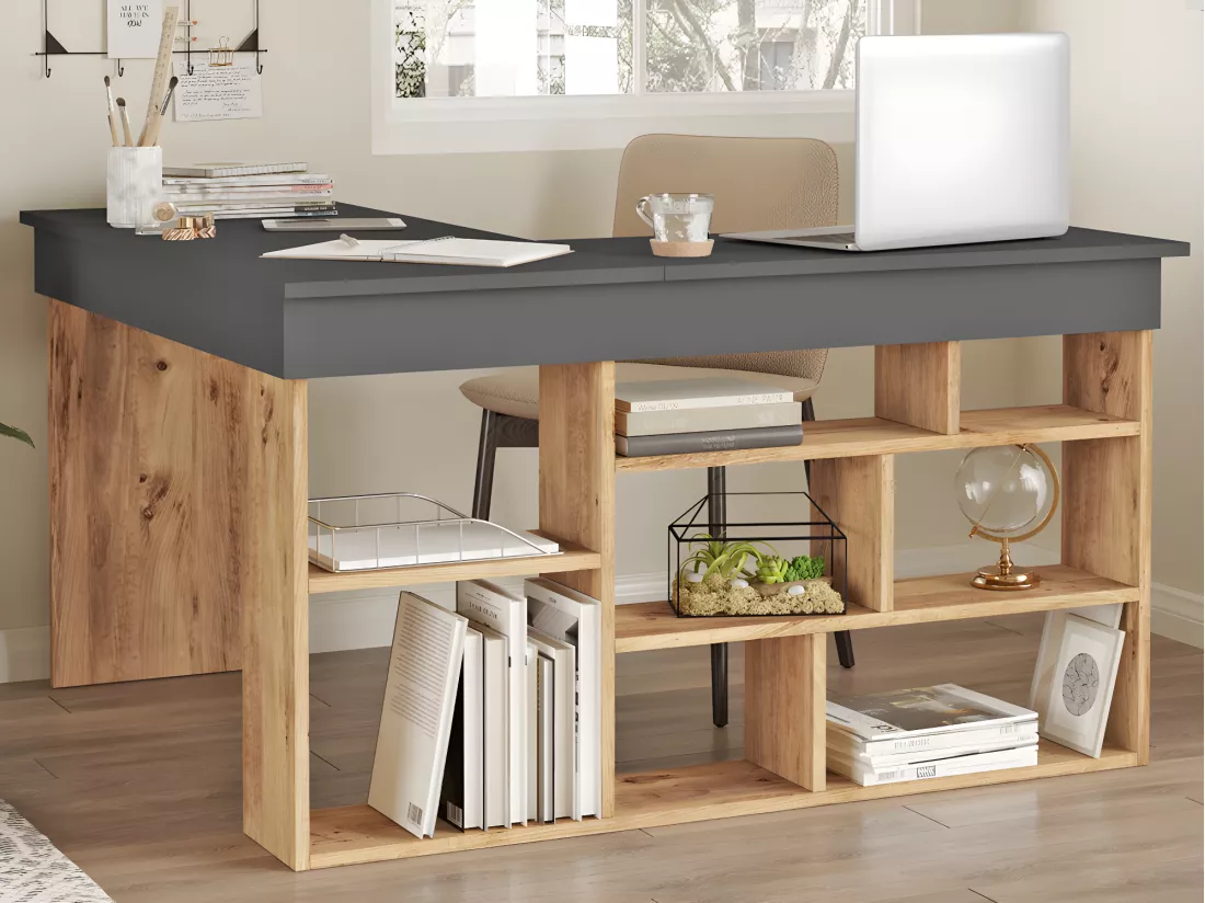 Bureau d'angle avec rangements - Coloris : Anthracite et naturel - LILEUL
