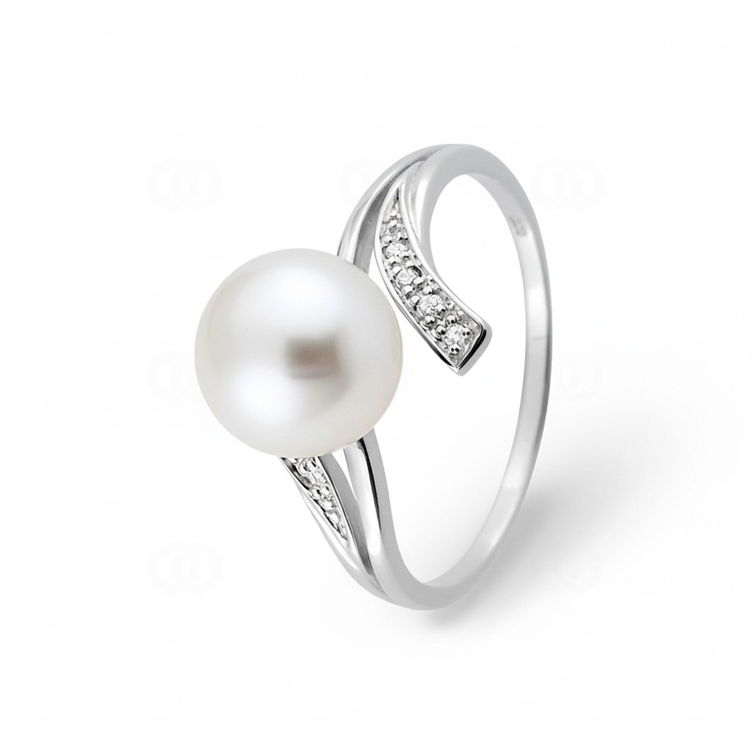 Ring 750/18 K Weissgold mit Süsswasserzuchtperle 8mm und Diamanten 0.03ct.