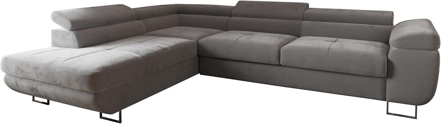 Ecksofa Luna mit Schlaffunktion und Bettkasten – 275x202 cm – verstellbare Kopfstützen – Liegefläche 193x125 cm – Couch – Schlafsofa – L-Sofa mit Stauraum (Monolith 84 Hellgrau, Seite: Links)