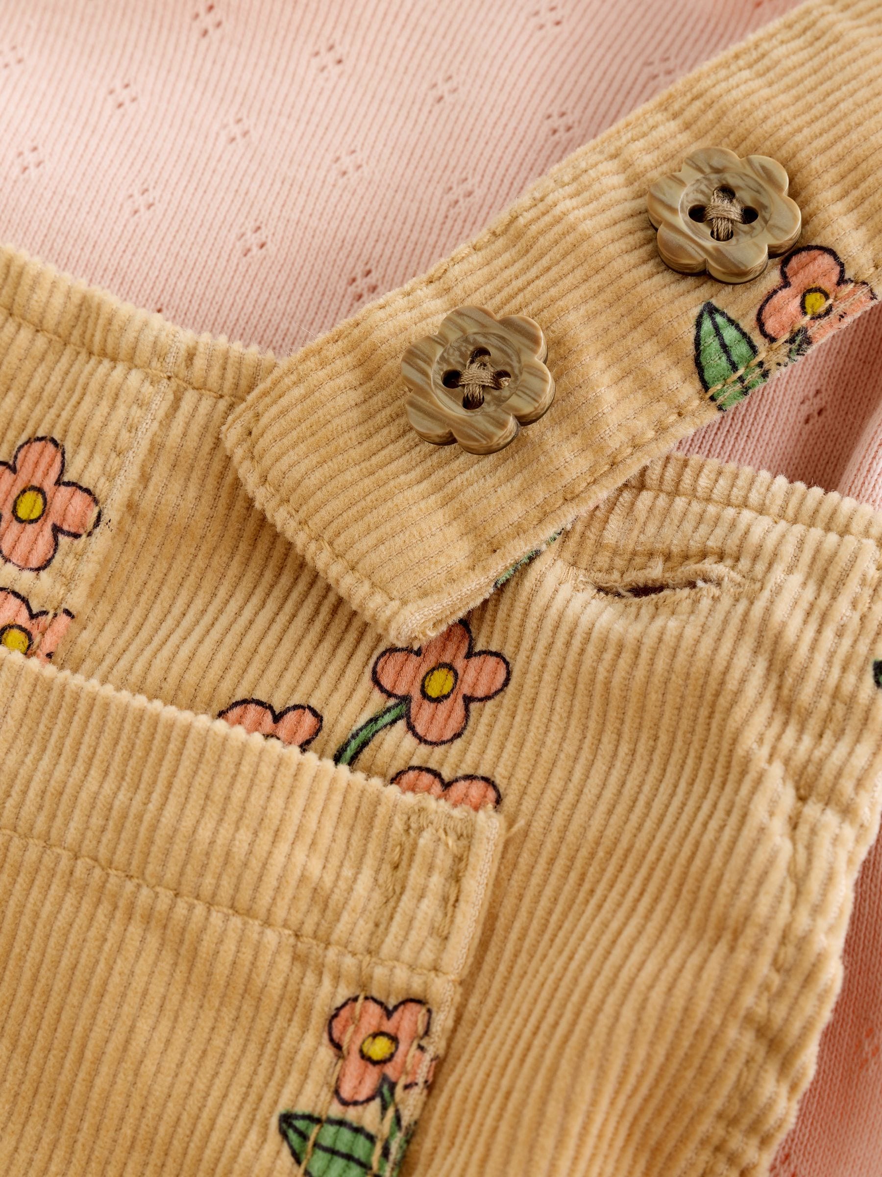 Okergeel - Set van corduroy tuinbroek met bloemenprint en T-shirt (3mnd -7jr)