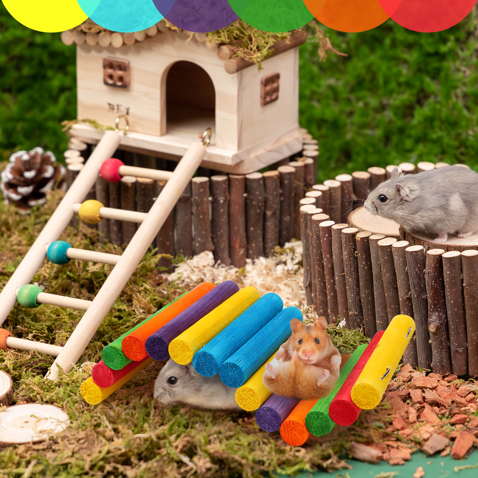 Nobleza - Ponte suspensa de brinquedo para hamsters - Escada longa de madeira para escalada com cores do arco-íris para hamsters, camundongos, gerbos e ratos.