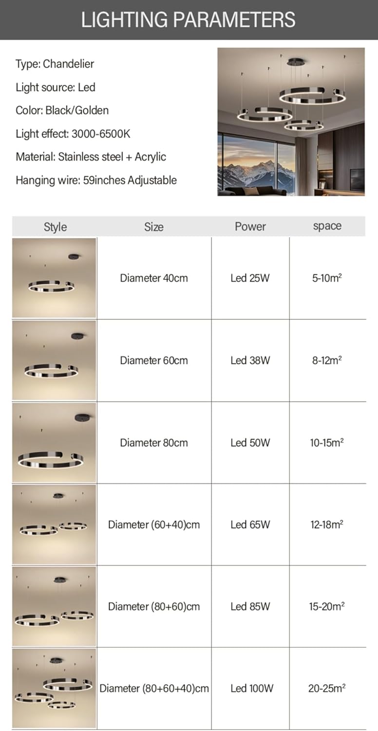 LED Hängeleuchte Dimmbar Moderne Ring Esszimmer-Pendelleuchte Kreatives C Design Hängelampe Höhenverstellbar Pendellampe Für Esstisch,Wohnzimmer,Schlafzimmer(Schwarz,2 rings/60+40CM/65W)