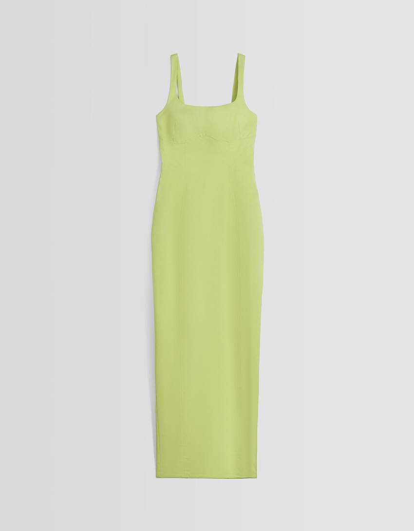 Vestido midi ajustado com alças largas.