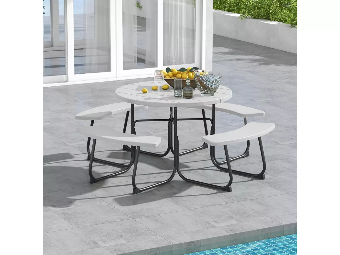 Ensemble Table de Pique-Nique avec 4 Bancs Intégrés, Ensemble de Jardin Table de Pique-Nique Circulaire 135KG Trou pour Parasol, pour Jardin Piscine, 190 x 76 cm (Blanc)