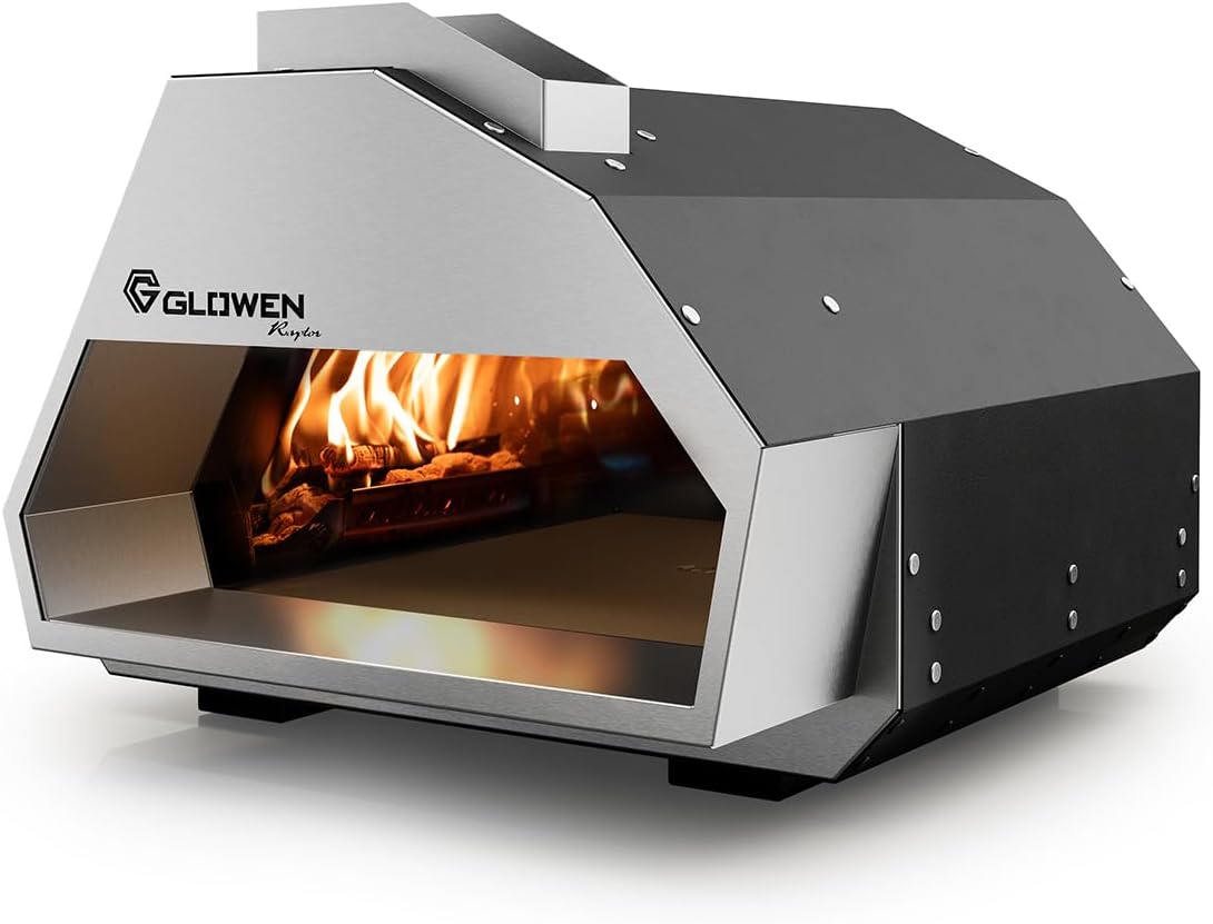 Glowen Raptor Pizzaofen Gas und Holz - Multi-Brennstoff Pizza Ofen Outdoor für Pizzen bis 34 cm – Erreicht in nur 25 Minuten 500 °C – Rolling Flame Technology – 20 mm Schamottstein (Silber)