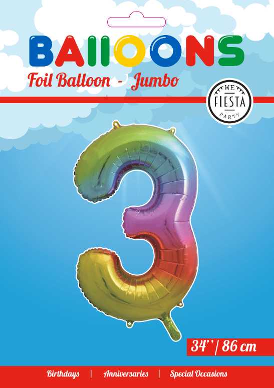 Folie Ballon Cijfer 3 Regenboog XL 86cm leeg
