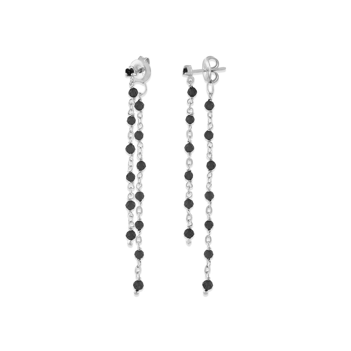 Boucles D Oreilles Argent Rhodié Double Chaine Longue Et Pierres Naturelles Noir