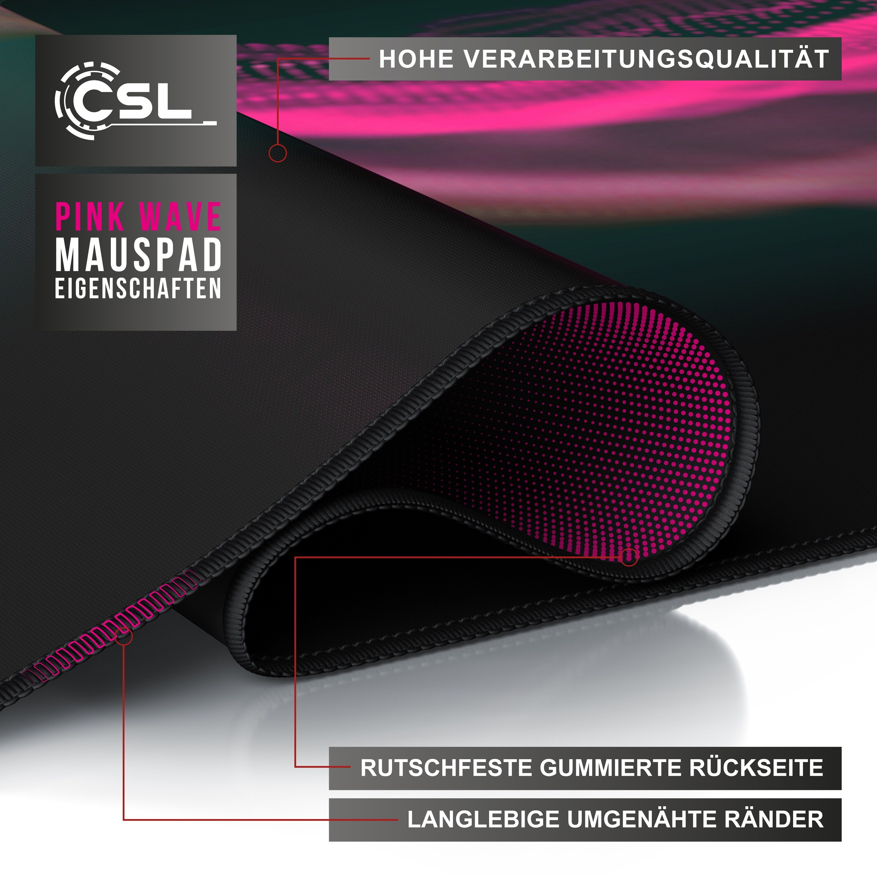 CSL Gaming Mauspad, XXL, Mousepad, 900 x 400 x 3 mm, Tischunterlage, abwaschbar, Pink Wave