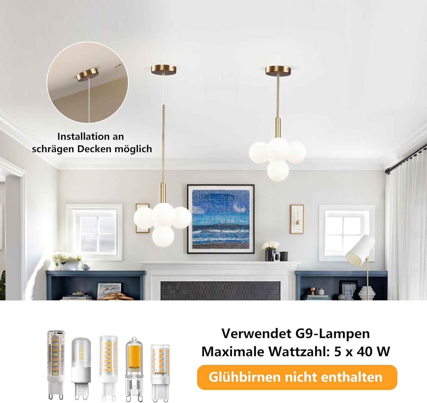 Moderne Gold Kronleuchter,Weißem Glas Globe Pendelleuchten, 5-flammiges Design,Verstellbare Vintage Hängeleuchte,Halbeinbau Deckenleuchte,Geeignet für Flur,Esszimmer und Küche