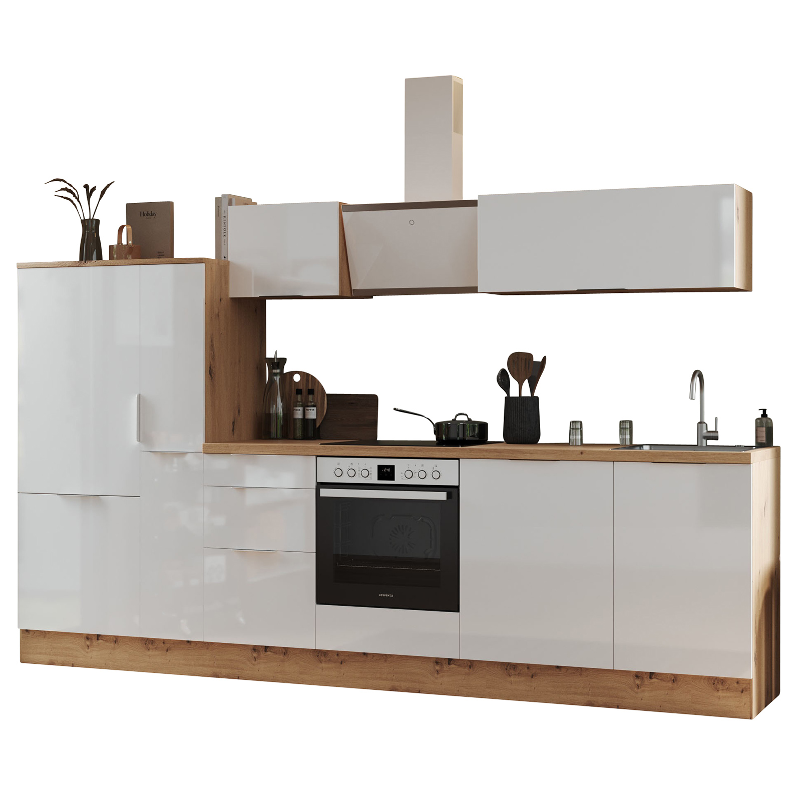 RESPEKTA Küchenblock - weiß Hochglanz - Artisan Eiche - mit E-Geräten - 310 cm