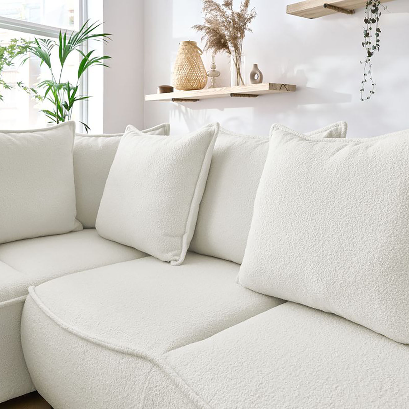 Bobochic Canapé d'angle L gauche convertible bouclette Léon blanc - 257x90x194 cm