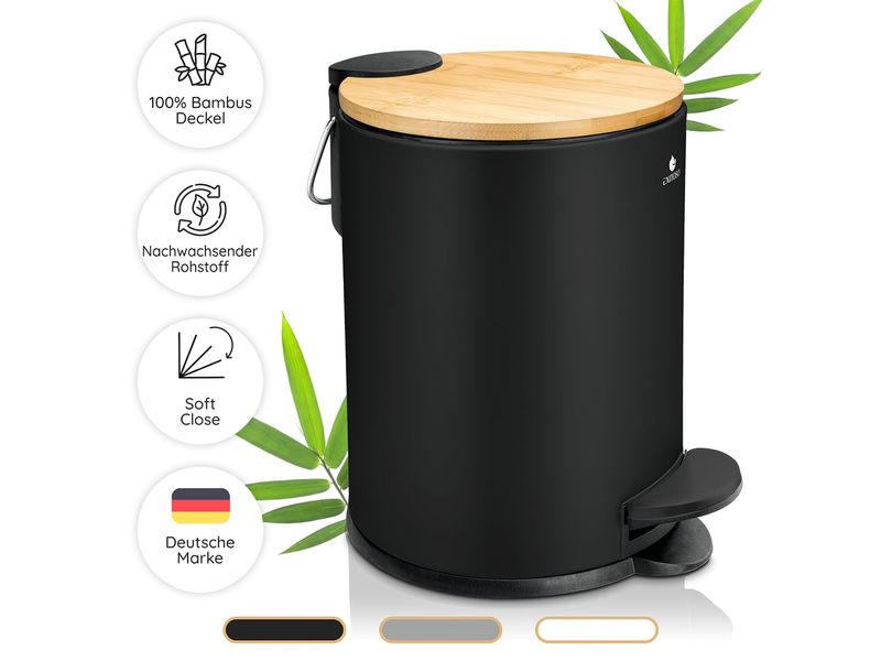 Exitoso Tretmülleimer mit Softclose-Deckel 3 l, Schwarz Abfalleimer aus Bambus