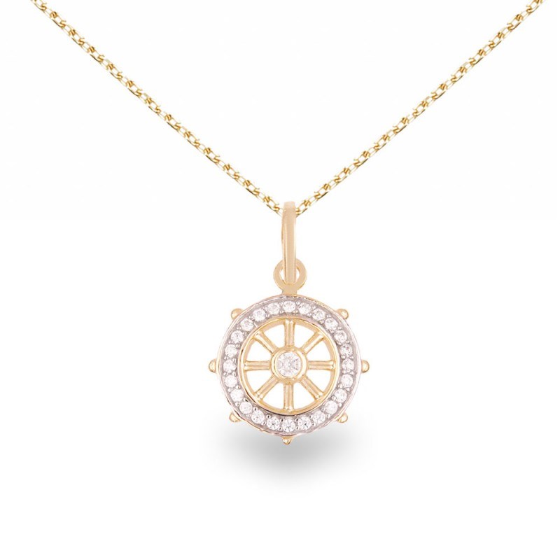 Collier - Pendentif Or Jaune et Zirconiums - Gouvernail de Bateau - Chaine Dorée