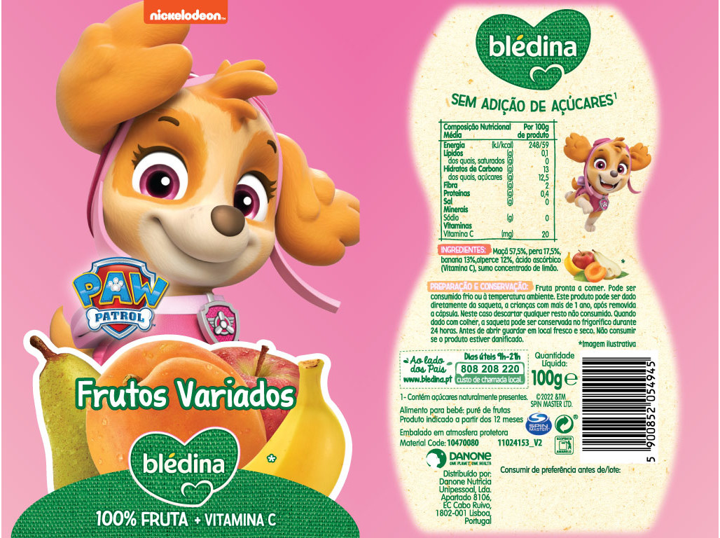 SAQUETA FRUTA BLEDINA PATRULHA PATA SKYE FRUTOS VARIADOS 100G