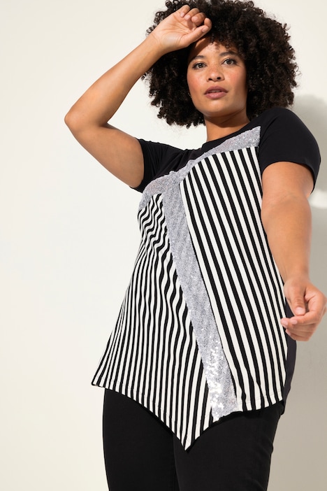 T-Shirt, Classic Fit, Streifen, Pailleten, Zipfelsaum