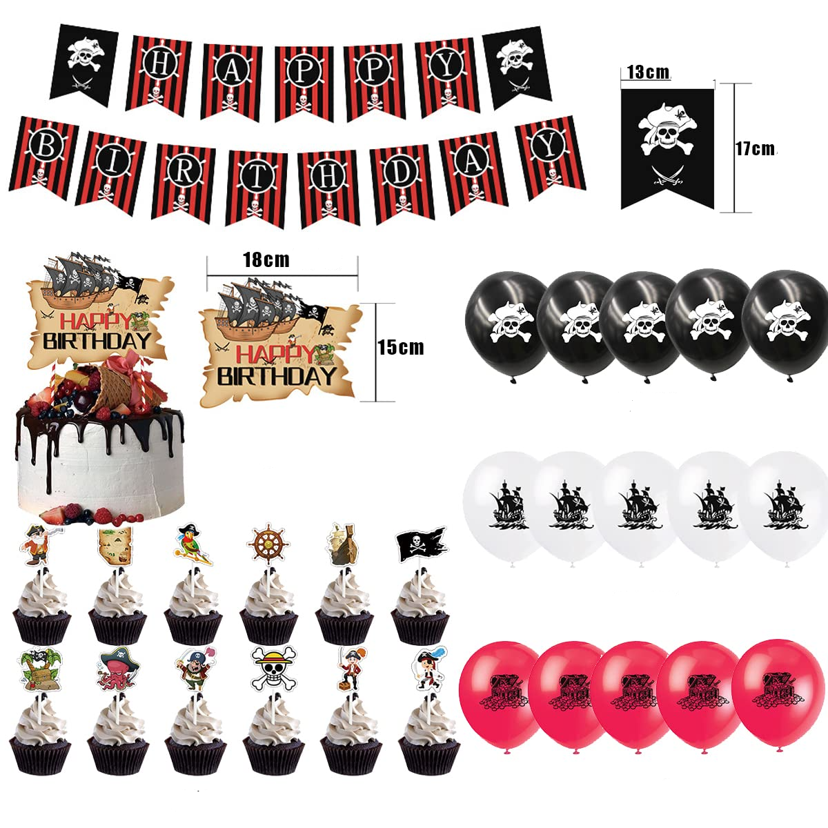 (29-tlg. Set) Happy Birthday Girlande Kinder Geburtstags Party Deko inkl. Latex Luftballons   Kuchenstecker - Piraten