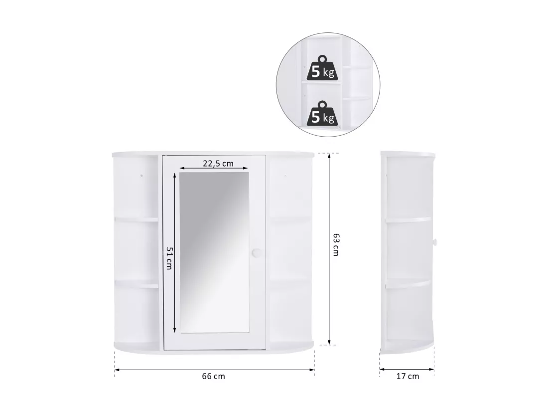Armoire murale salle de bain armoire à glace placard de rangement toilettes 1 porte + étagères latérales MDF blanc