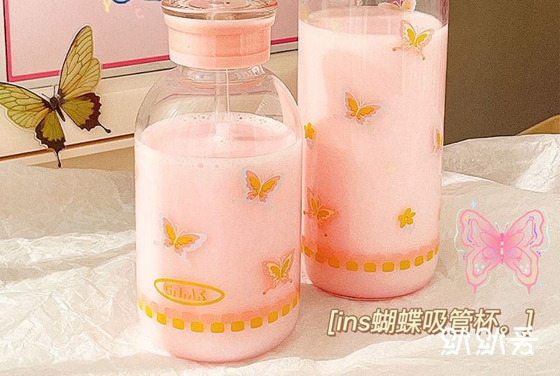 Momoi - Vlindervormige glazen drinkfles met rietje (verschillende designs)