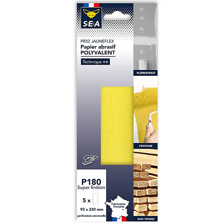 Papier abrasif corindon 93 x 230 mm grain 180, lot de 5