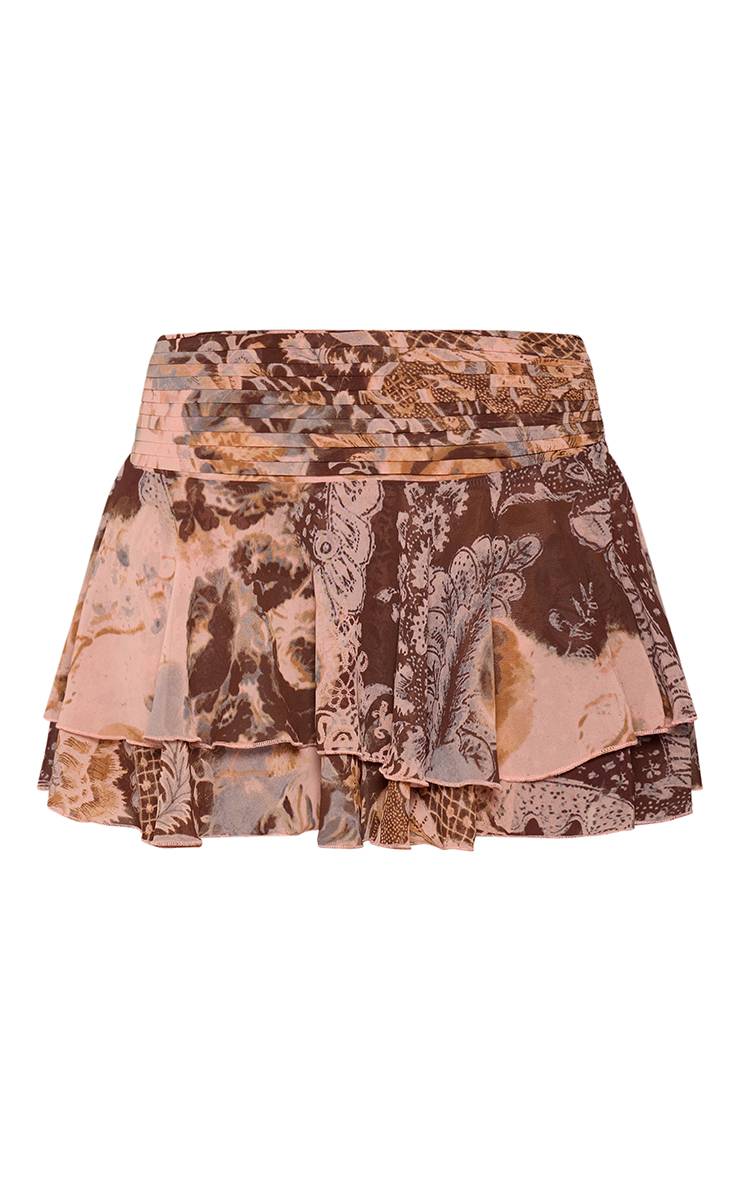 Marron Jupe Mini Co-ord Plissée À Volants En Mousseline Imprimée