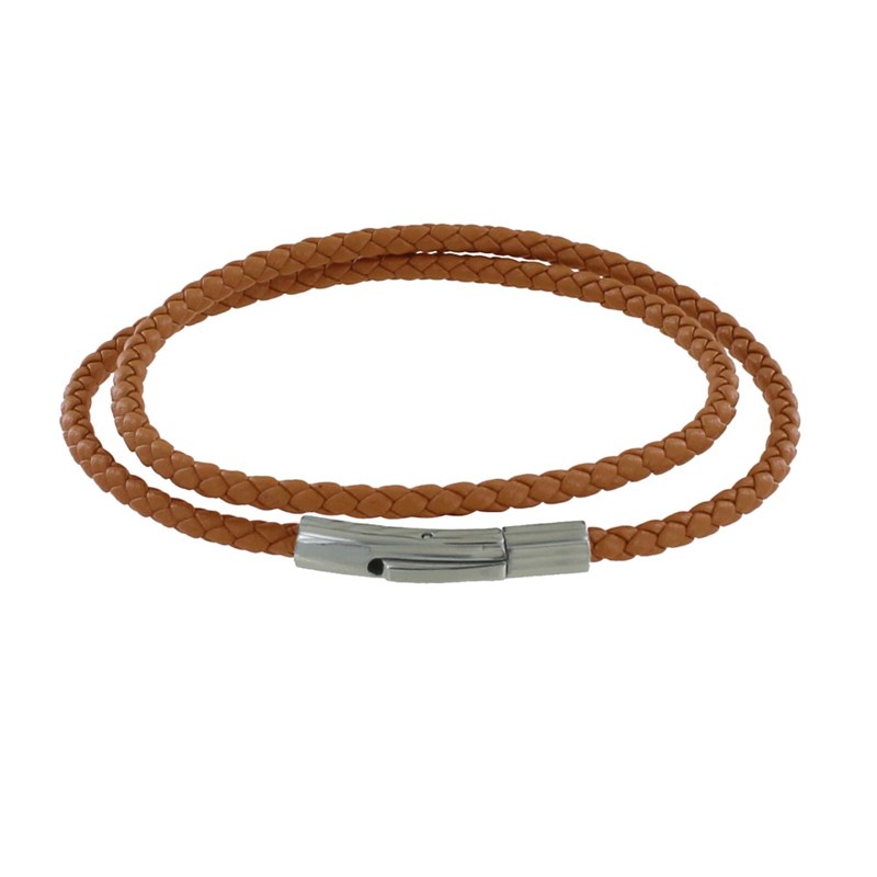 Bracelet Femme Double Tour Cuir Tréssé Rond pour Poignet de 18cm - Marron clair