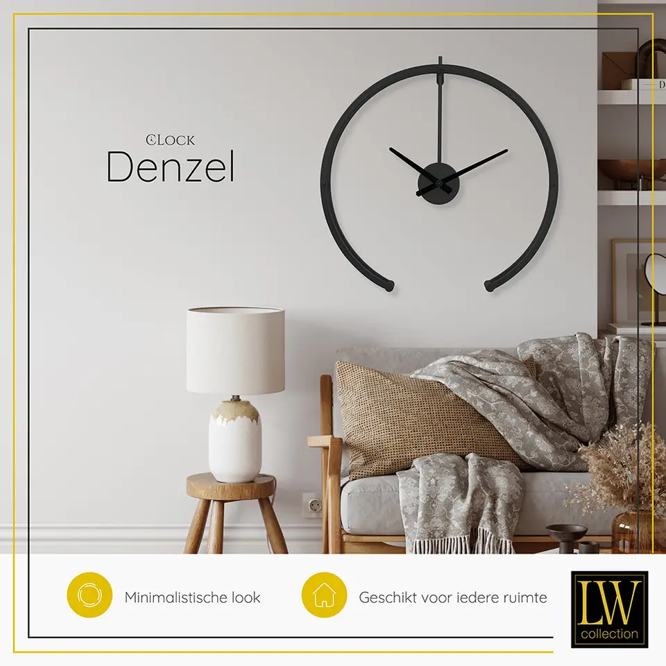 LW Collection Wandklok Denzel Zwart 82cm