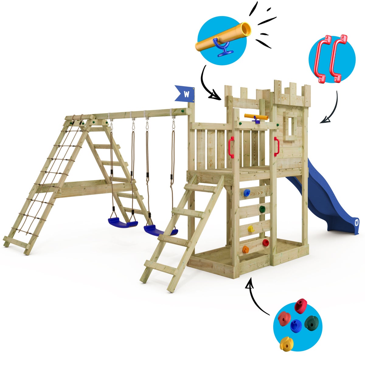 WICKEY GateFlyer speeltoren met klimuitbouw, dubbele schommel en glijbaan - blauw