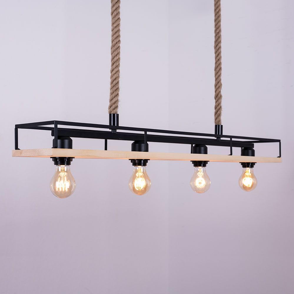 Hängelampe Holzleuchte Deckenleuchte Wohnzimmer Pendelleuchte mit Hanfseil, Metallrahmen mit Ablage schwarz, 4x E27, LxH 95x120 cm