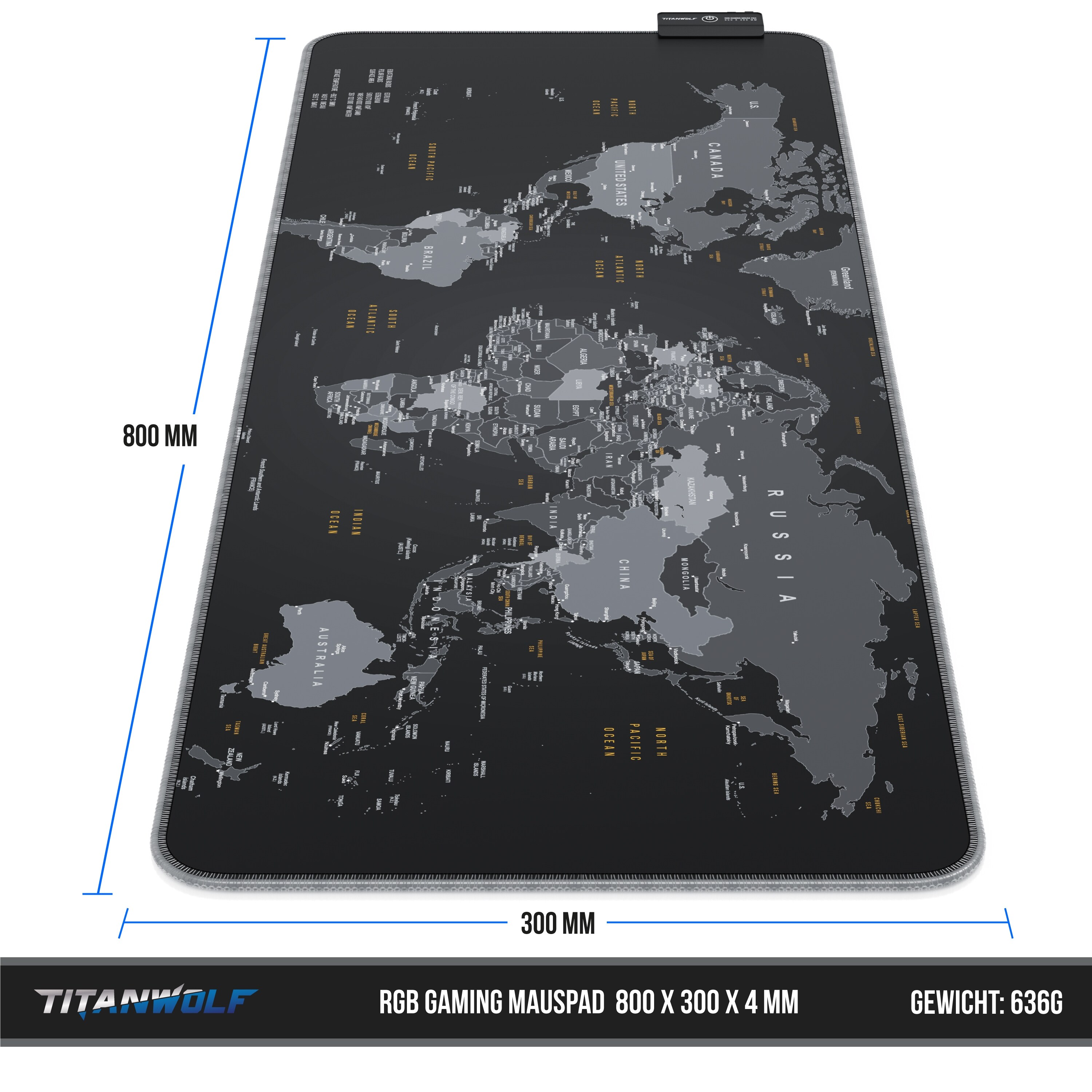 Titanwolf RGB Gaming Mauspad, Mousepad XL 800 x 300mm verbessert Präzision & Geschwindigkeit, Weltkarte