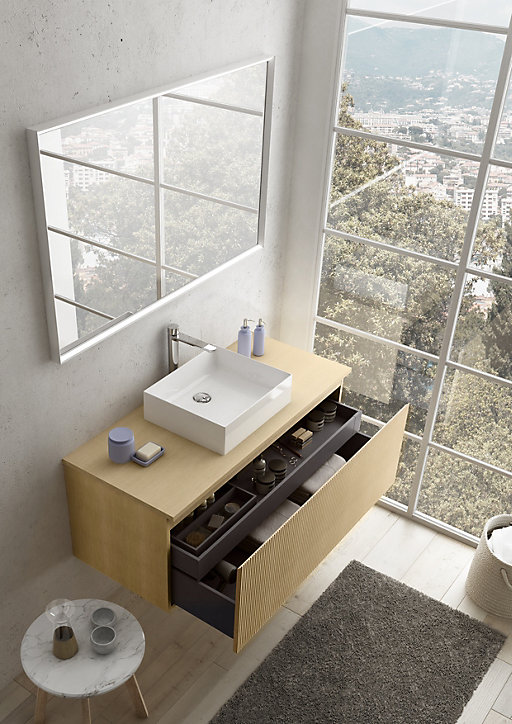 Meuble sous vasque à suspendre Pura placage chêne clair strié 120 cm + Plan de toilette