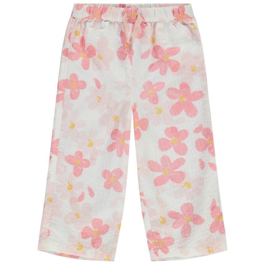 Pantalon fluide en seersucker imprimé fleurs pour bébé fille - Ecru