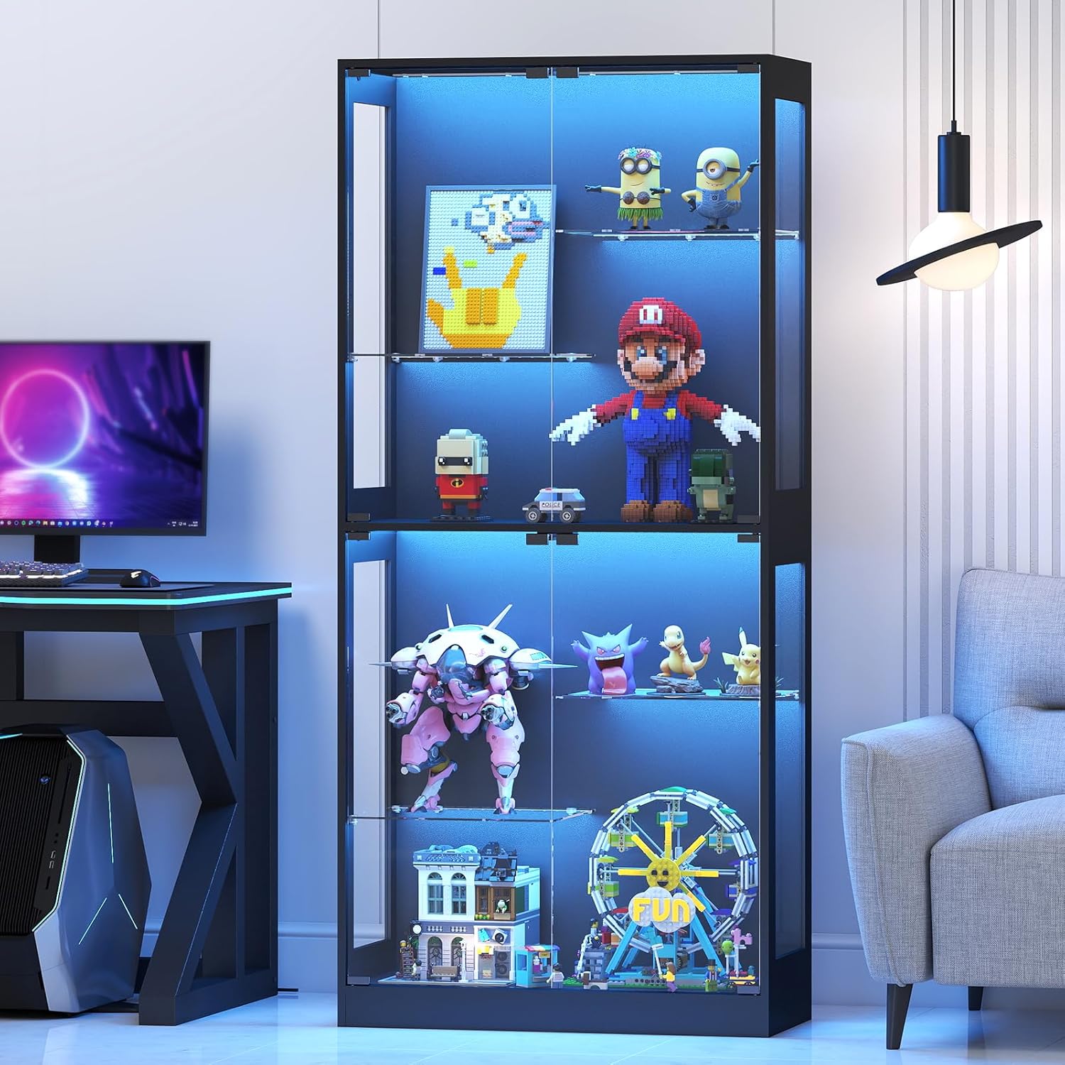 Glasvitrine Stehend 175 cm mit RGB-LED Beleuchtung – Höhenverstellbarer Vitrinenschrank mit Sicherheitstemperglas & Magnetverschluss | Für Sammlungen im Wohnzimmer (Schwarz)