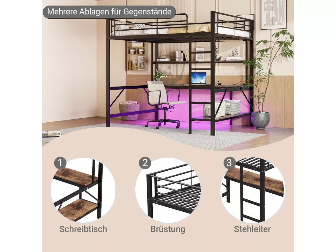Lit mezzanine garde-corps et escabeau - 140 x 200 cm - avec USB et secteur - LED et bureau - sans matelas - métal - white