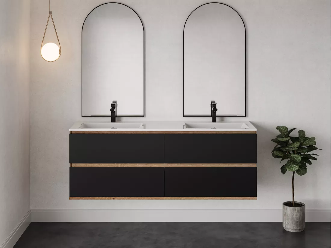 Meuble de salle de bain suspendu avec vasque à encastrer - Coloris naturel clair et noir - 150 cm - SABURI