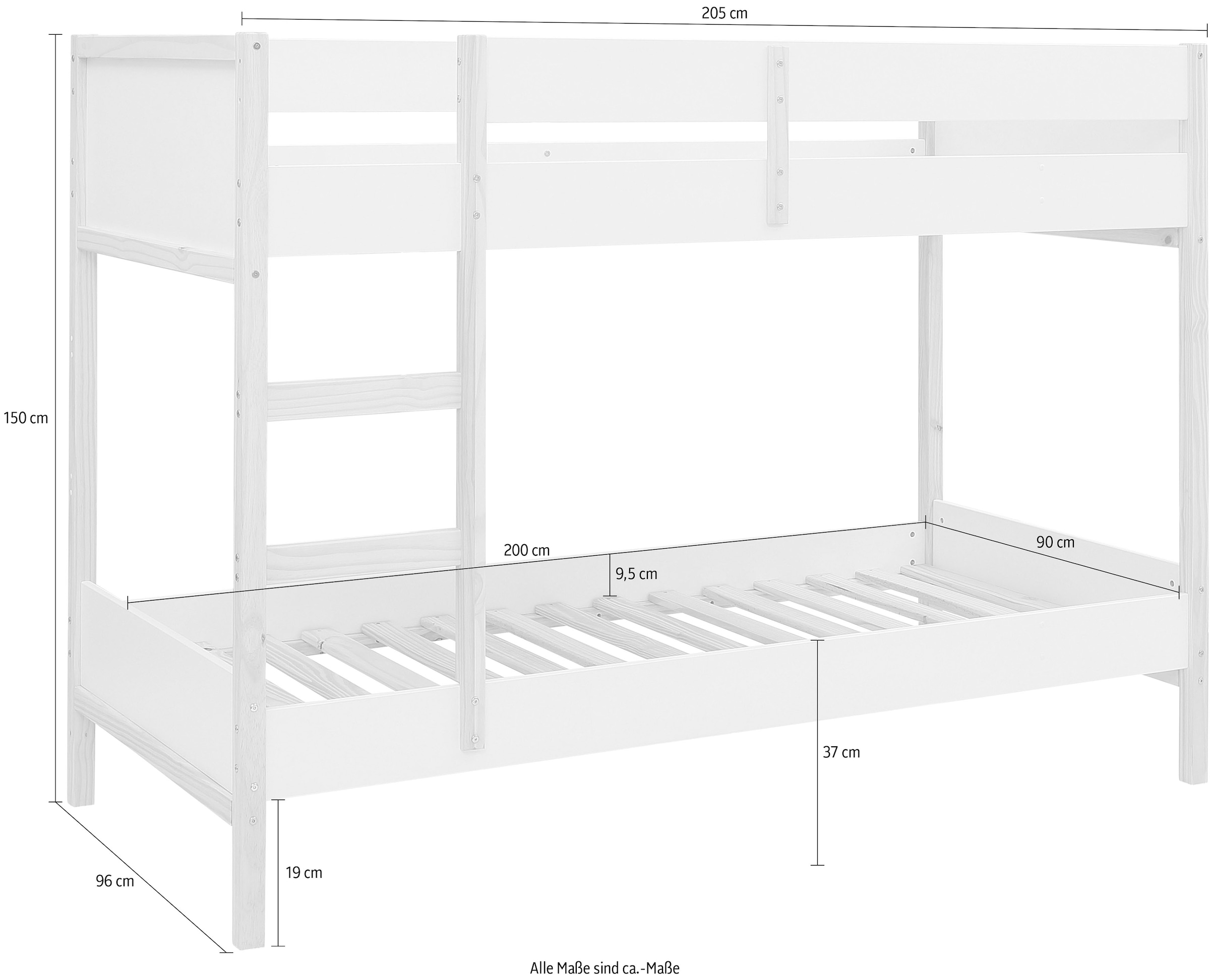 Lüttenhütt Etagenbett »Janne« Kiefernholz, Etagenbett, inklusive Holzleiter, Liegefläche 90x200 cm