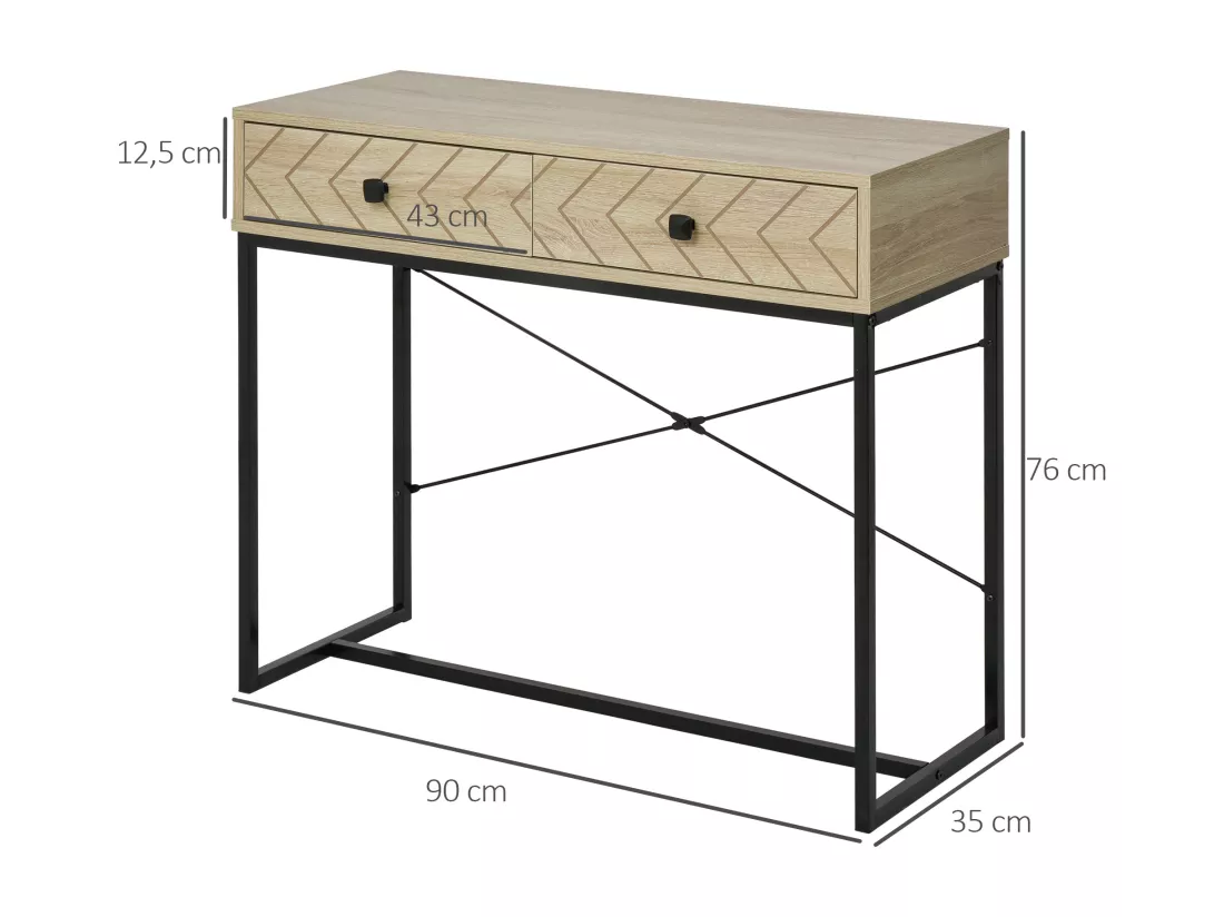 Table console industriel 2 tiroirs bois naturel pieds métal dim. 90 x 35 x 76 cm