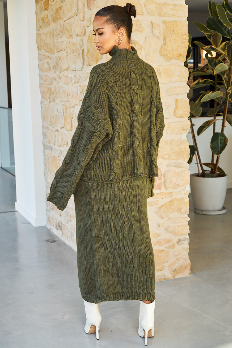 Ensemble 2 pièces pull + jupe en maille kaki