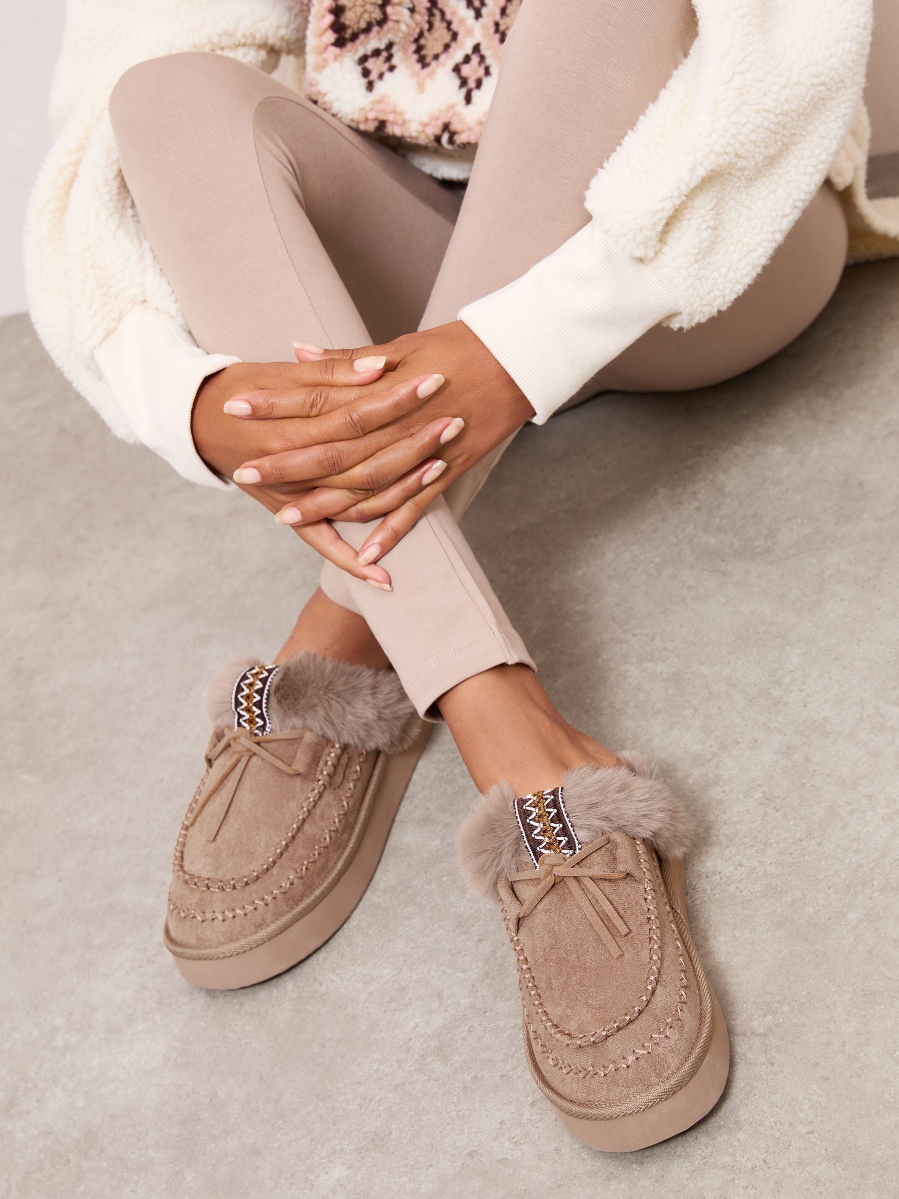 Taupe - Friends Like These Suedette Faux Fur Lined Whipstitch Mule Slippers