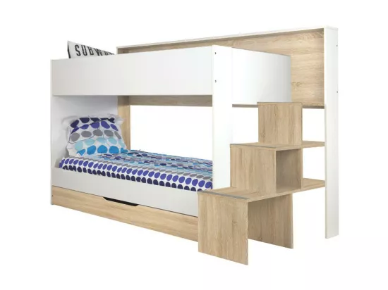 Lit superposé 90*200 Blanc/Gris/Chêne clair + tiroir - LARALO