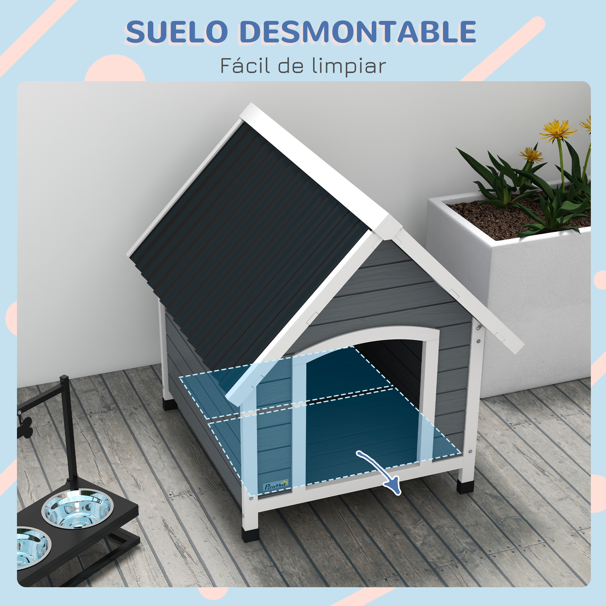 Casinha para cães PawHut, tamanho médio (75x88x82 cm), com telhado imitando telha, base elevada e piso removível para uso externo, na cor cinza.