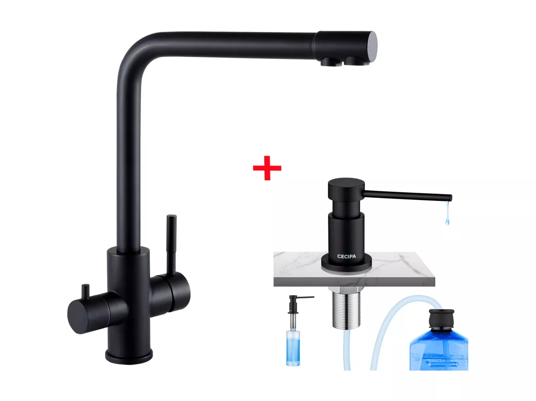 Cecipa max Noir Robinet de Cuisine à 3 Voies, 3 en 1 Mitigeur de Cuisine pour Système D'osmose + Distributeur de Savon de Cuisine Noir