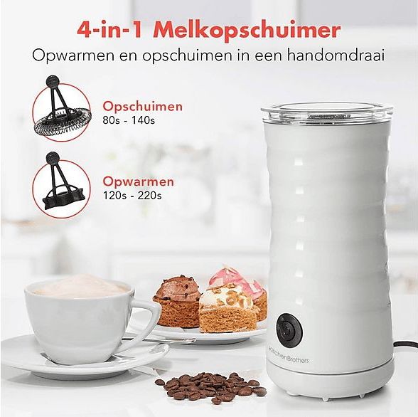 KitchenBrothers Elektrische Melkopschuimer - 4-in-1 - 240 ML - Handige Melkschuimer - Wit