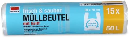 Quickpack Premium Müllbeutel frisch&sauber extra stark mit Tragegriff transparent 50 Ltr. mindert üble Gerüche