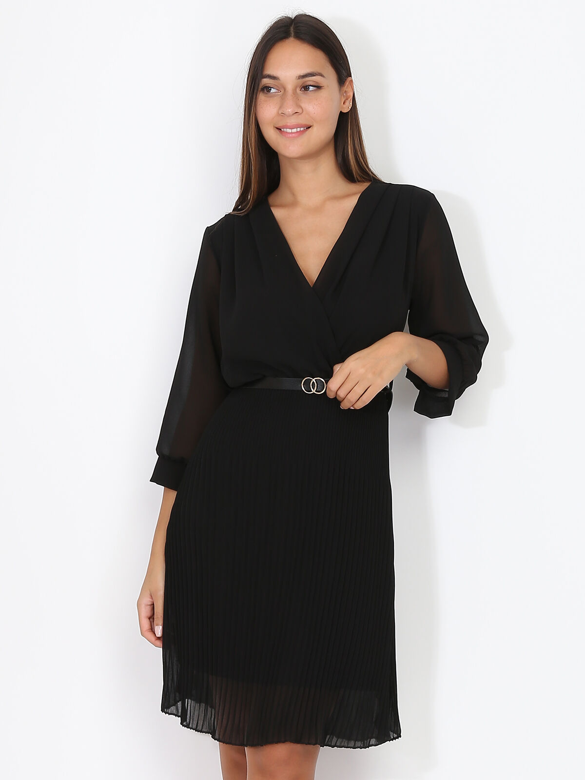 Robe cache-coeur plissée ceinturée- Noir