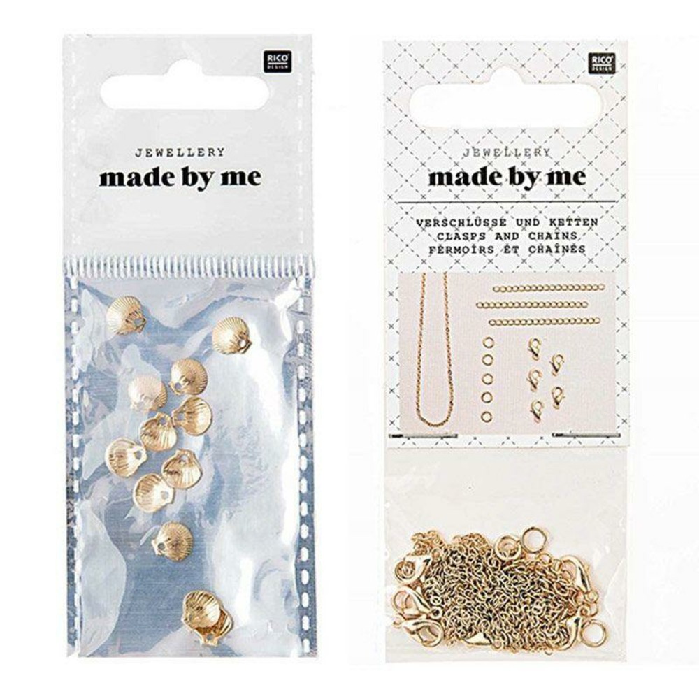 12 mini perles coquillages dorées + fermoirs épais et chaînes dorés